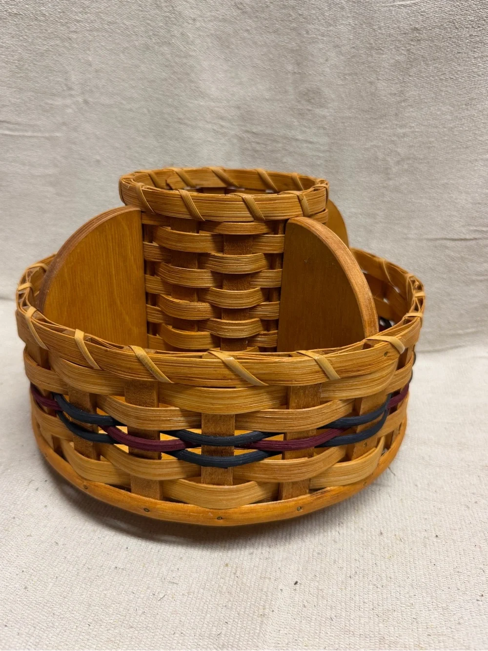 Handwoven Rotating Bamboo Organizer Basket with Navy & Burgundy Accents